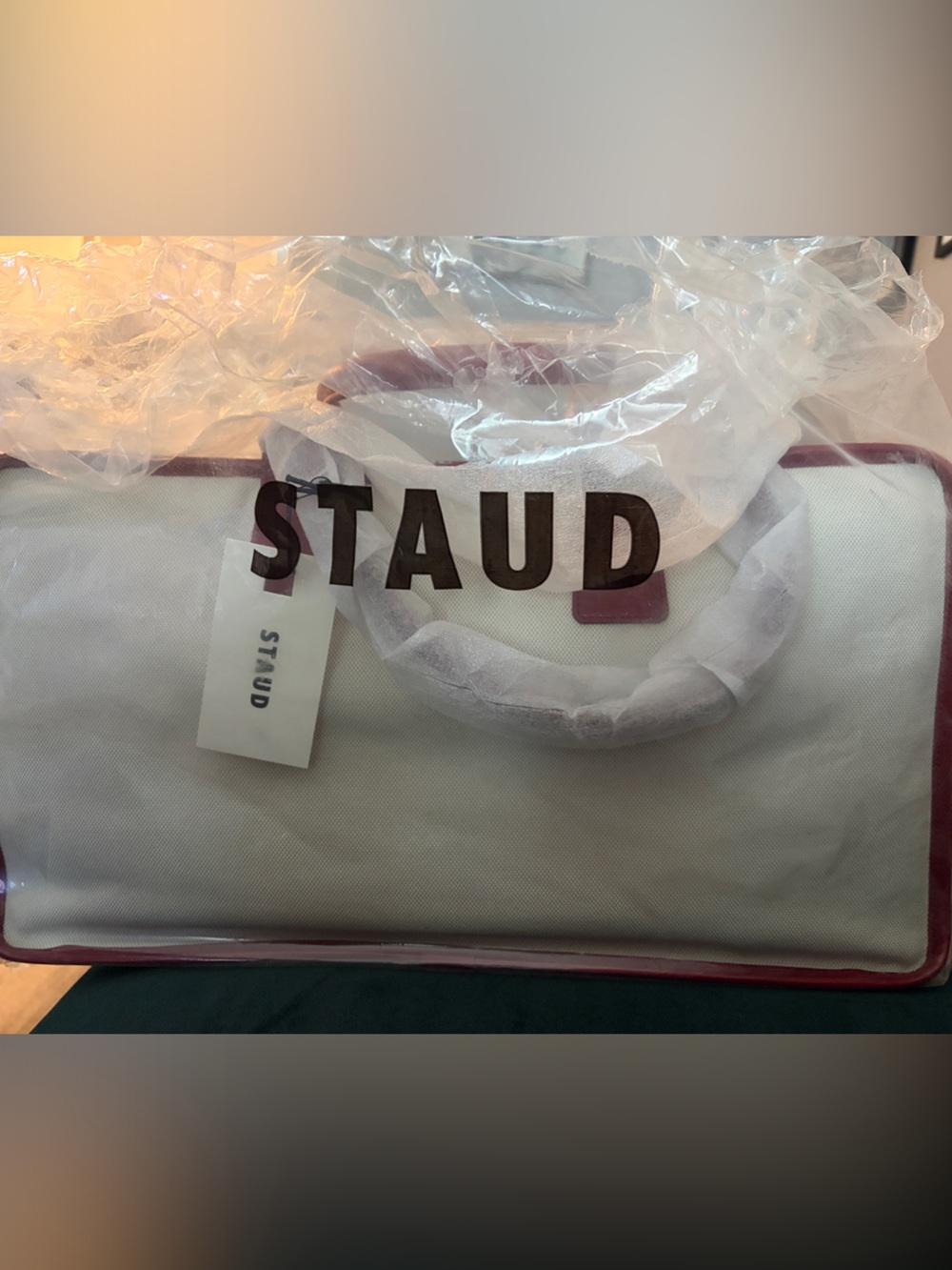 STAUD Cream and Burgundy Structured Canvas Tote